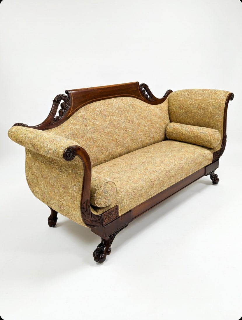 Antique American Empire Mahogany Settee With Scrolled Arms and Claw Feet - 2