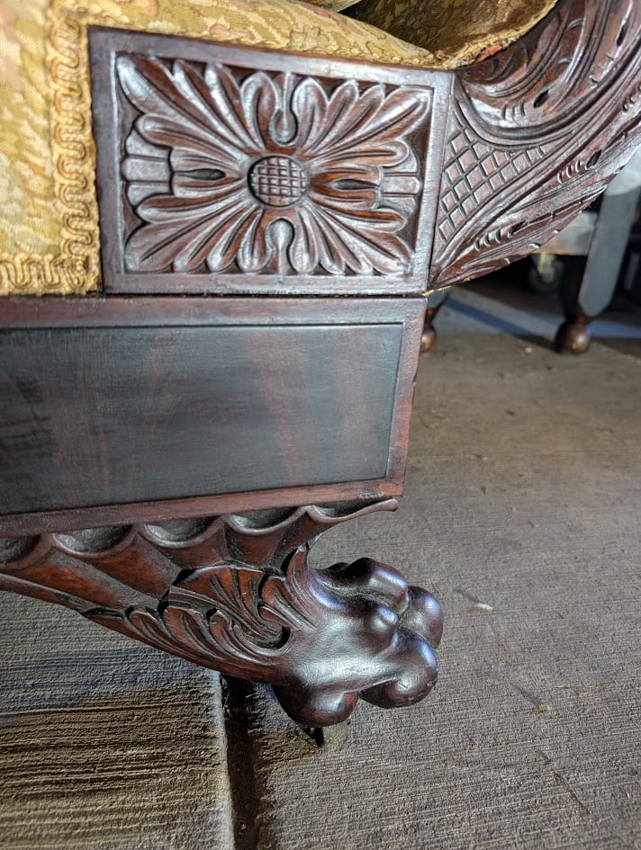 Antique American Empire Mahogany Settee With Scrolled Arms and Claw Feet - 9