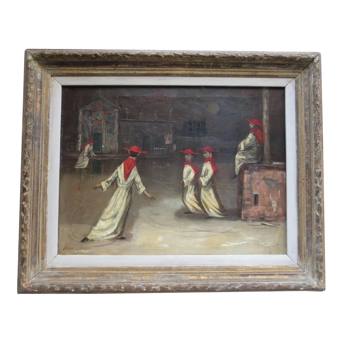 Iceskating Cardinals Under the Moon at the Cathedral by Louis Bosa: Cardinals Iceskating by Moonlight at the Cathedral, a Bosa theme of figures of some authority engaged in some action that is a bit frivolous or funny. Very often, figures from the church. A sweet