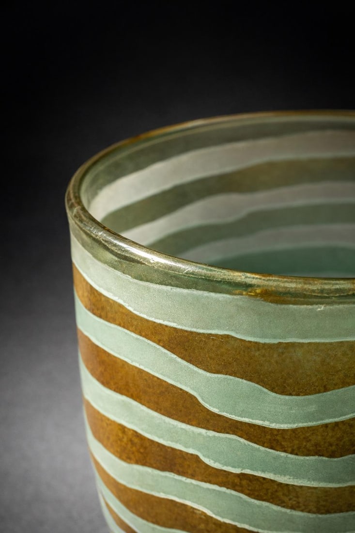 Vintage Hand-Blown Art Glass Vase With Seafoam Green Satin Stripes and Amber Ground – Modern - 3