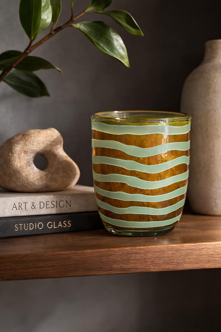 Vintage Hand-Blown Art Glass Vase With Seafoam Green Satin Stripes and Amber Ground – Modern - 8