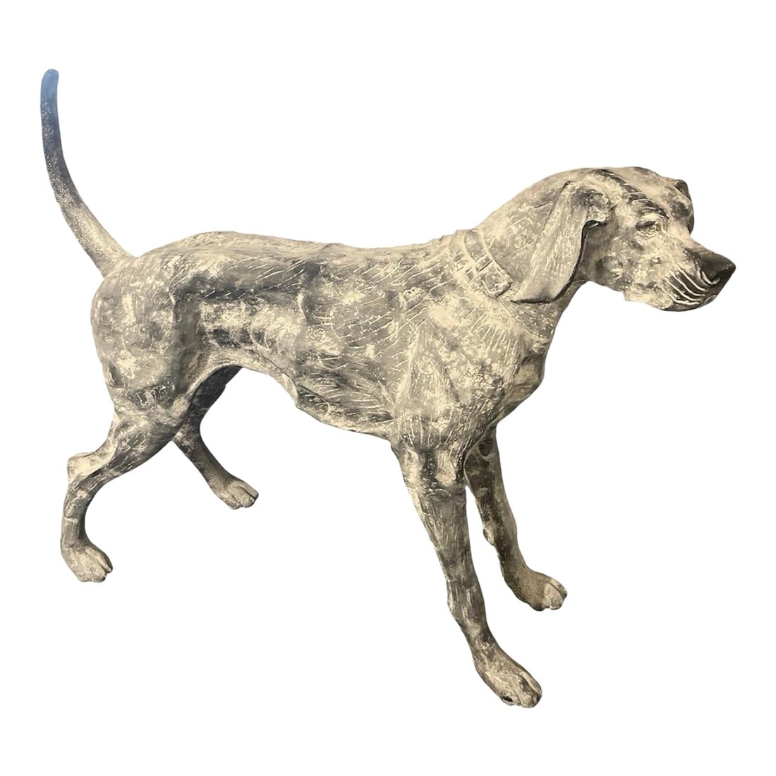 Cast Iron Pointer Dog Sculpture: This striking mid-century style sculpture captures the alert, athletic grace of a Pointer or Weimaraner. Crafted from CAST IRON with a rich, textured surface, this piece balances industrial