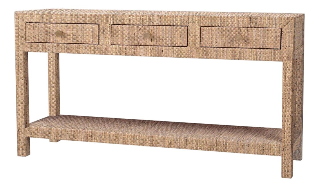 Natural Rattan Console Table - Open Box: This is an open box item in perfect condition. Rattan Console Table. Wrapped in natural rattan, this stunning table combines modern design with coastal charm. It features three spacious drawers for