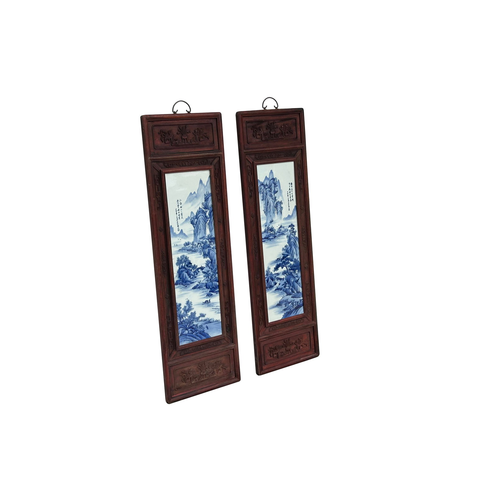Pair Chinese Blue White Landscape Porcelain Painting Wall Panels - 4