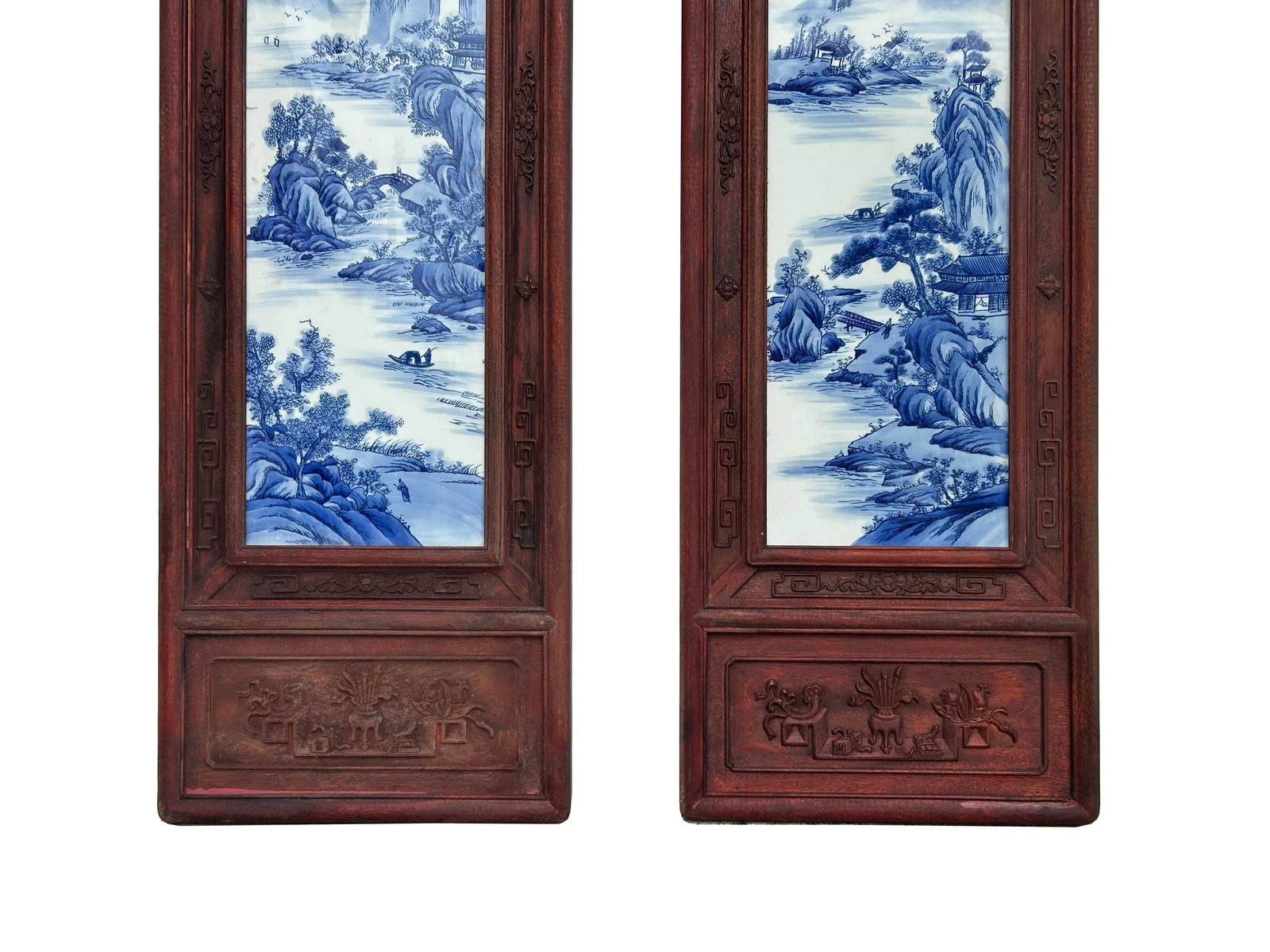 Pair Chinese Blue White Landscape Porcelain Painting Wall Panels - 7