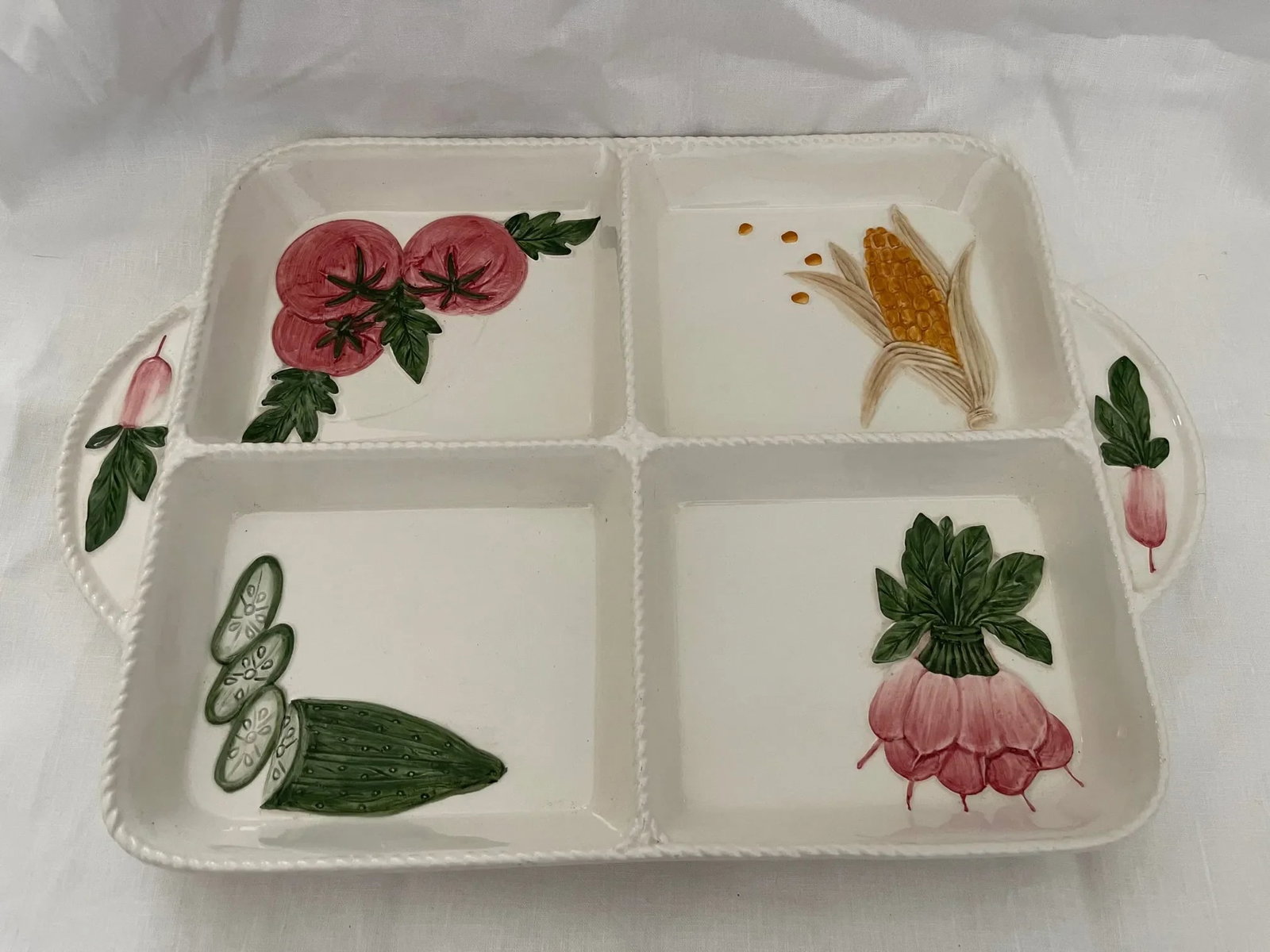 Vintage Hand-Painted Ceramic Vegetable Divided Platter - 7