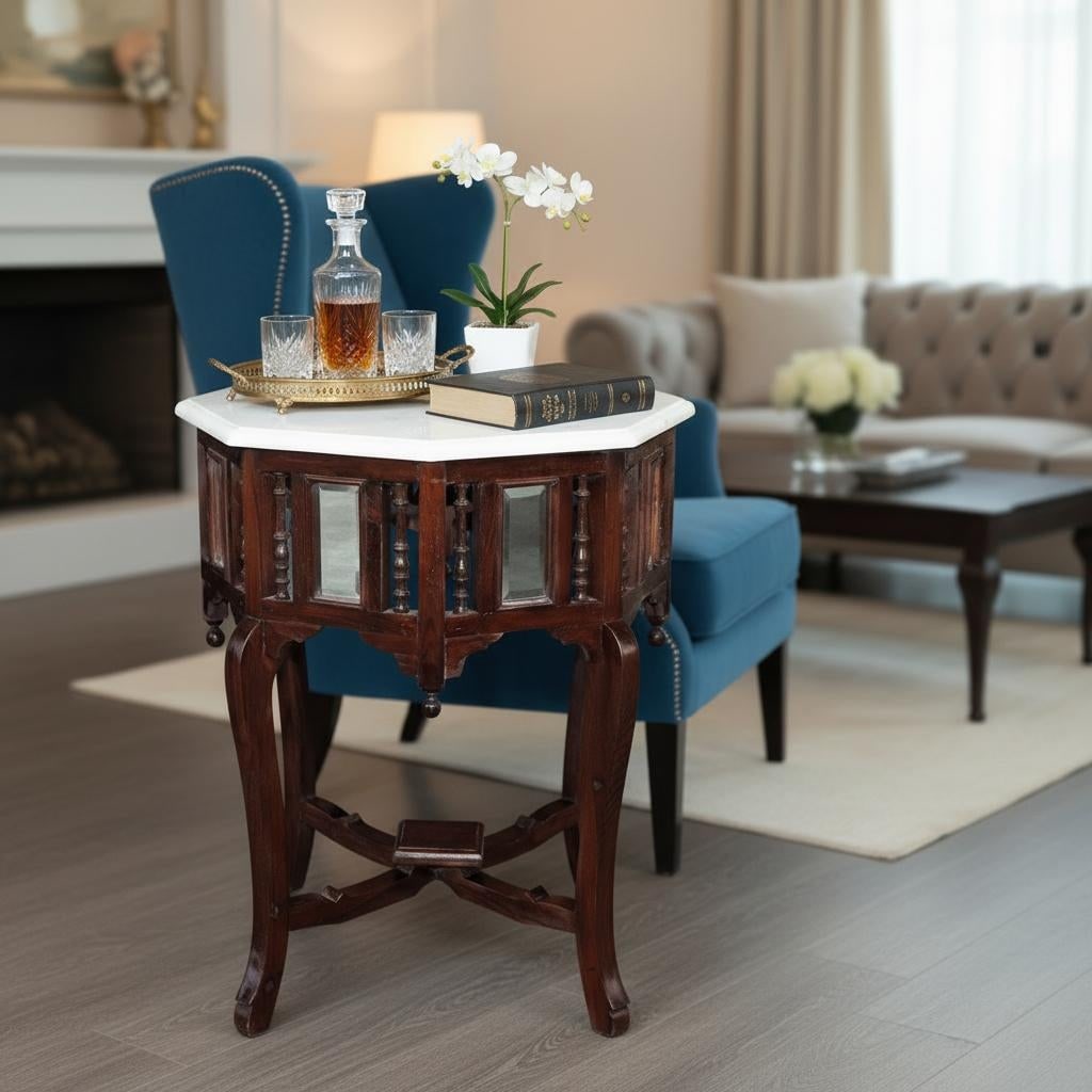 Decorative Foyer Table With Marble Top | Solid Teak Wood End Table | Handmade Living Room Side Table - 2