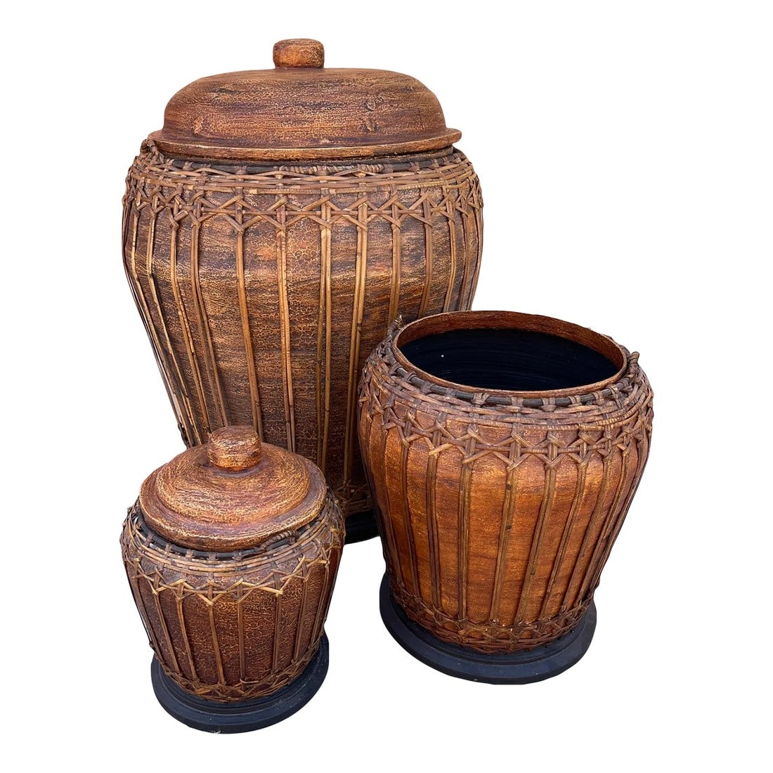 Trio of Lidded Boho Woven Rattan Nesting Containers-Set (1 of 11)