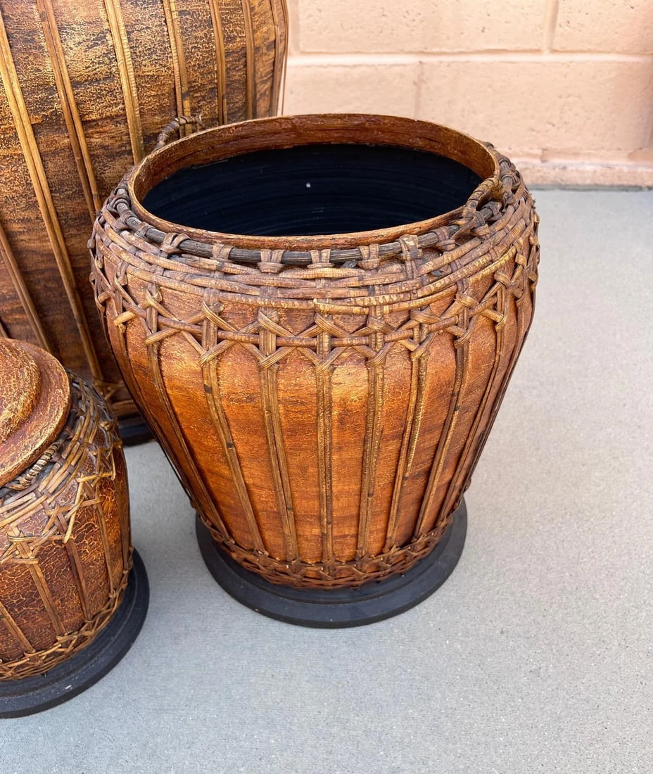 Trio of Lidded Boho Woven Rattan Nesting Containers-Set - 7
