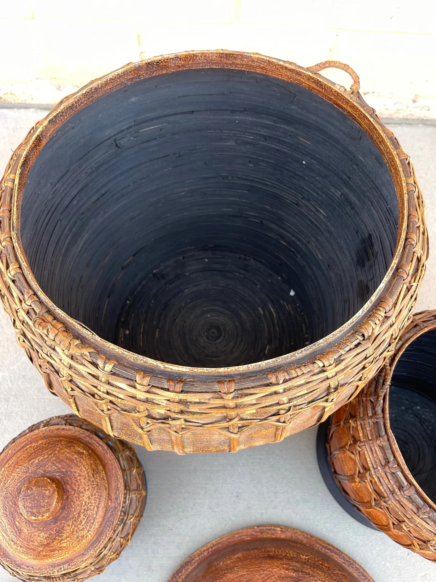 Trio of Lidded Boho Woven Rattan Nesting Containers-Set - 8