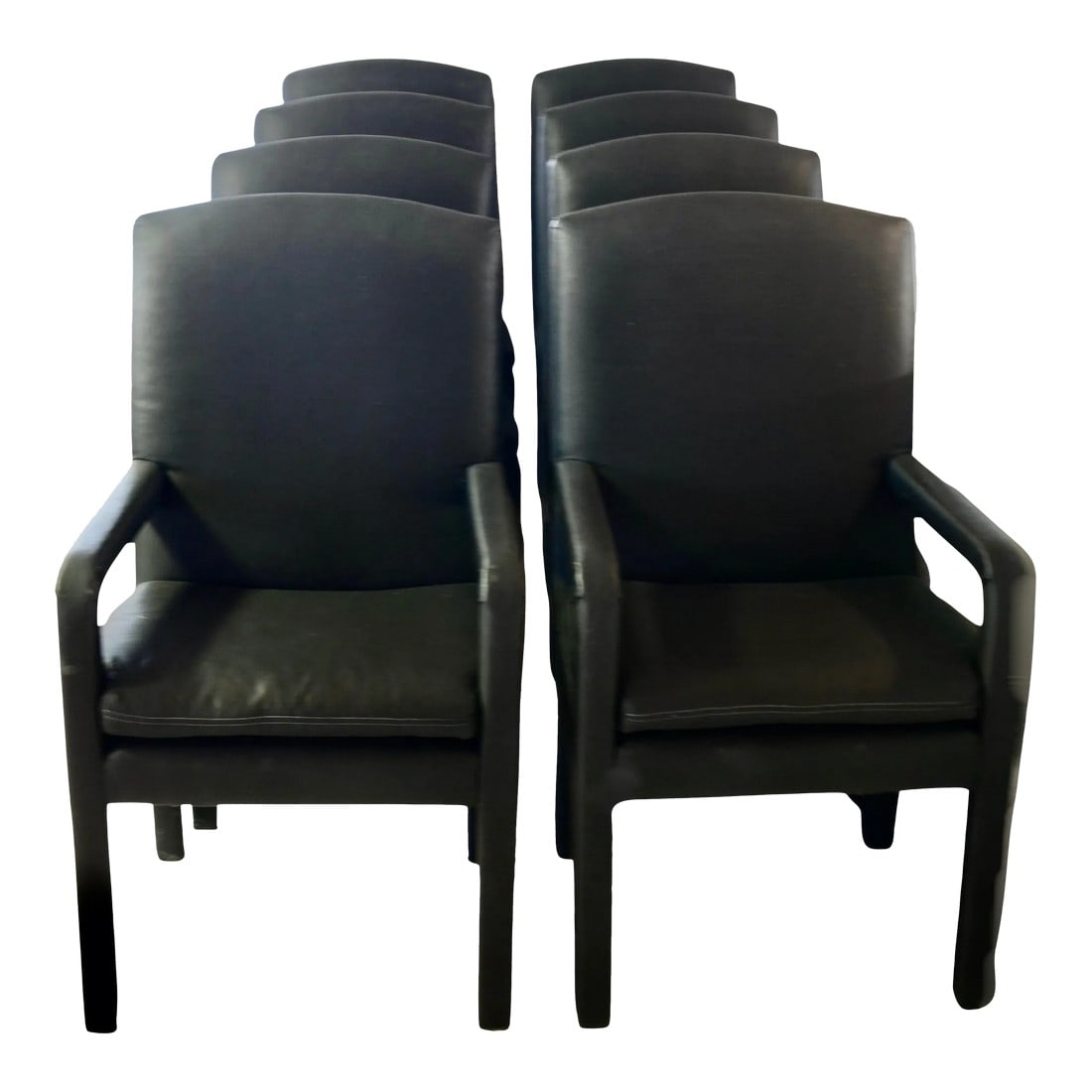 Upholstered Black Dining Chairs - Set of 8: A comfortable set of eight post modern Parsons style dining room chairs with 3 inch cushioned seats and upholstered completely in a black silk-like fabric. This vintage set includes two arm chairs