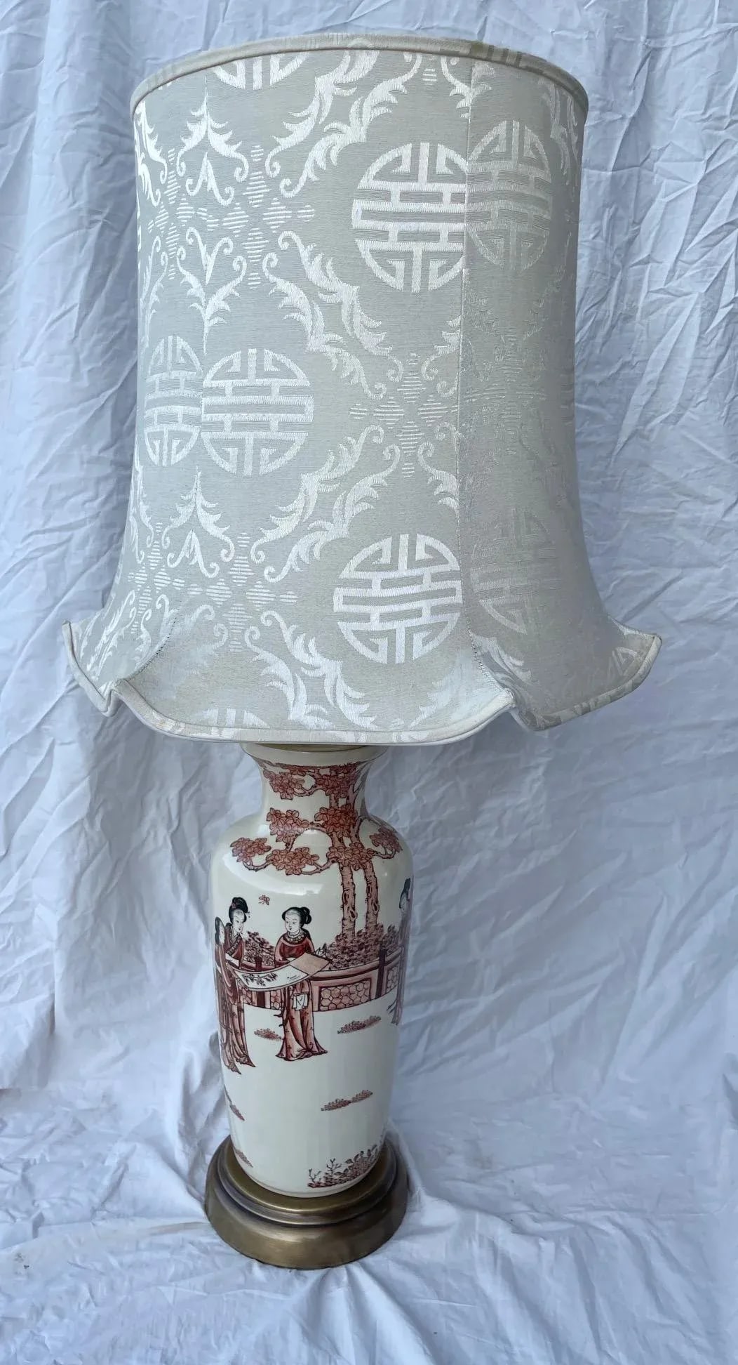 Vintage Chinoiserie Porcelain Table Lamp W/Silk Pagoda Shade - 6