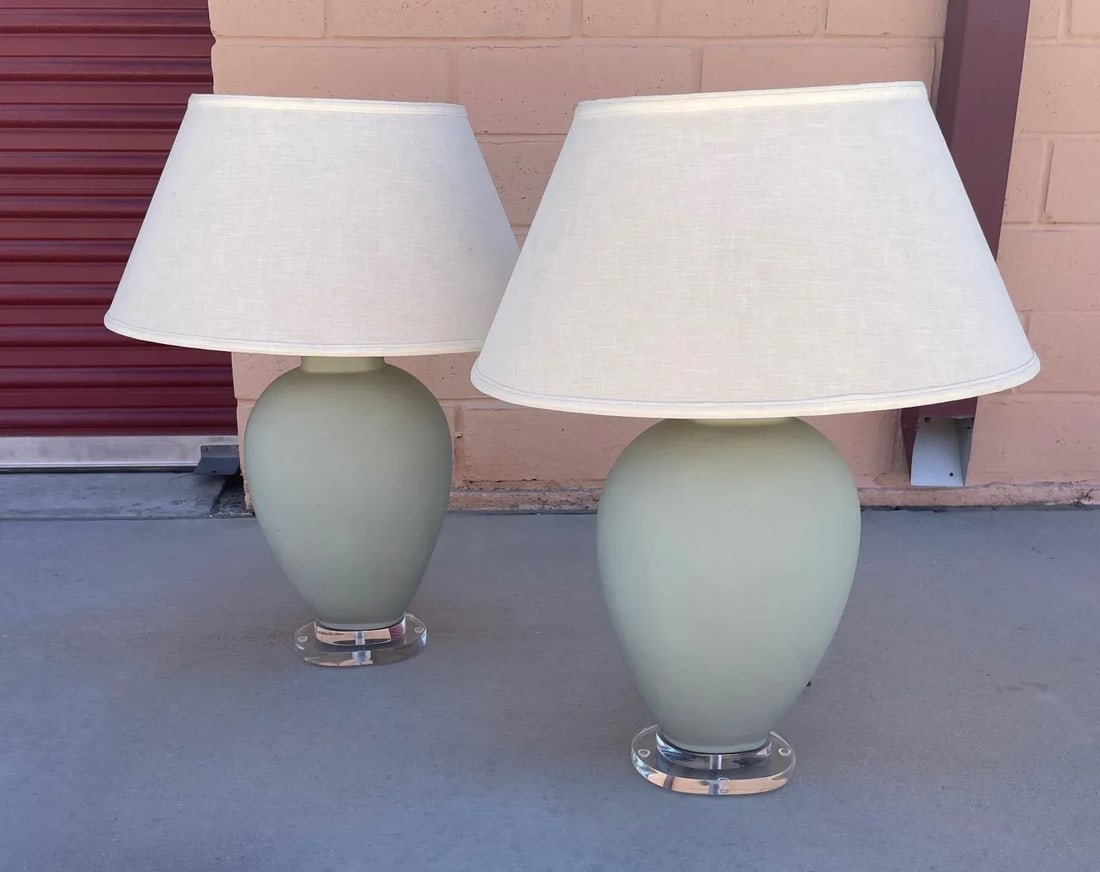 Vintage Pair Sage Green Matte Finish Ginger Jar Lamps - 6