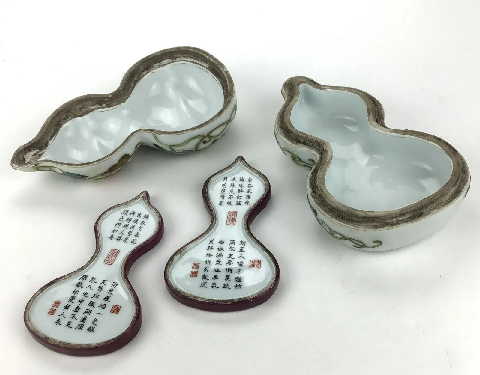 Chinese Antique Hand Painted Nesting Porcelain Poetry Trays in Silk Box - 4