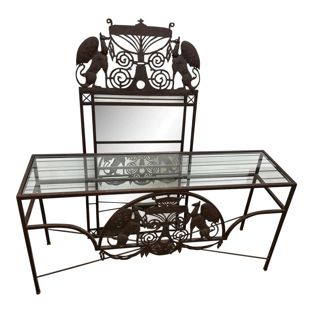 Wrought Iron Glass Top Console Table & Mirror Set-A Pair: Unique Hollywood Regency/Egyptian Anubis Wrought Iron Console Table with Matching Wall Mirror, Custom made and great for the entry of your home. I think this would also be fab if it was gold or even