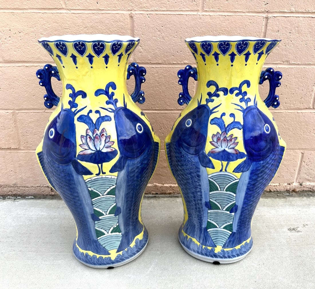 Blue & Yellow Koi Fish Jiaqing Vase-A Pair - 4