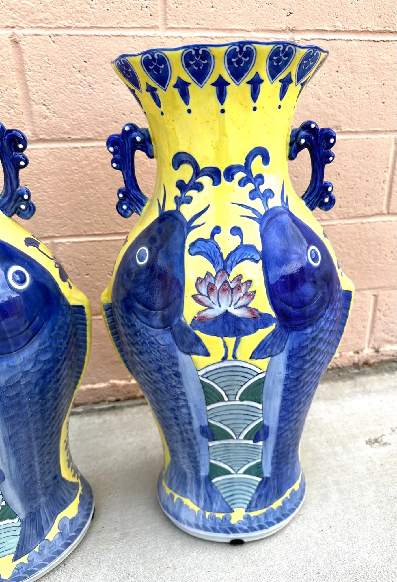 Blue & Yellow Koi Fish Jiaqing Vase-A Pair - 5