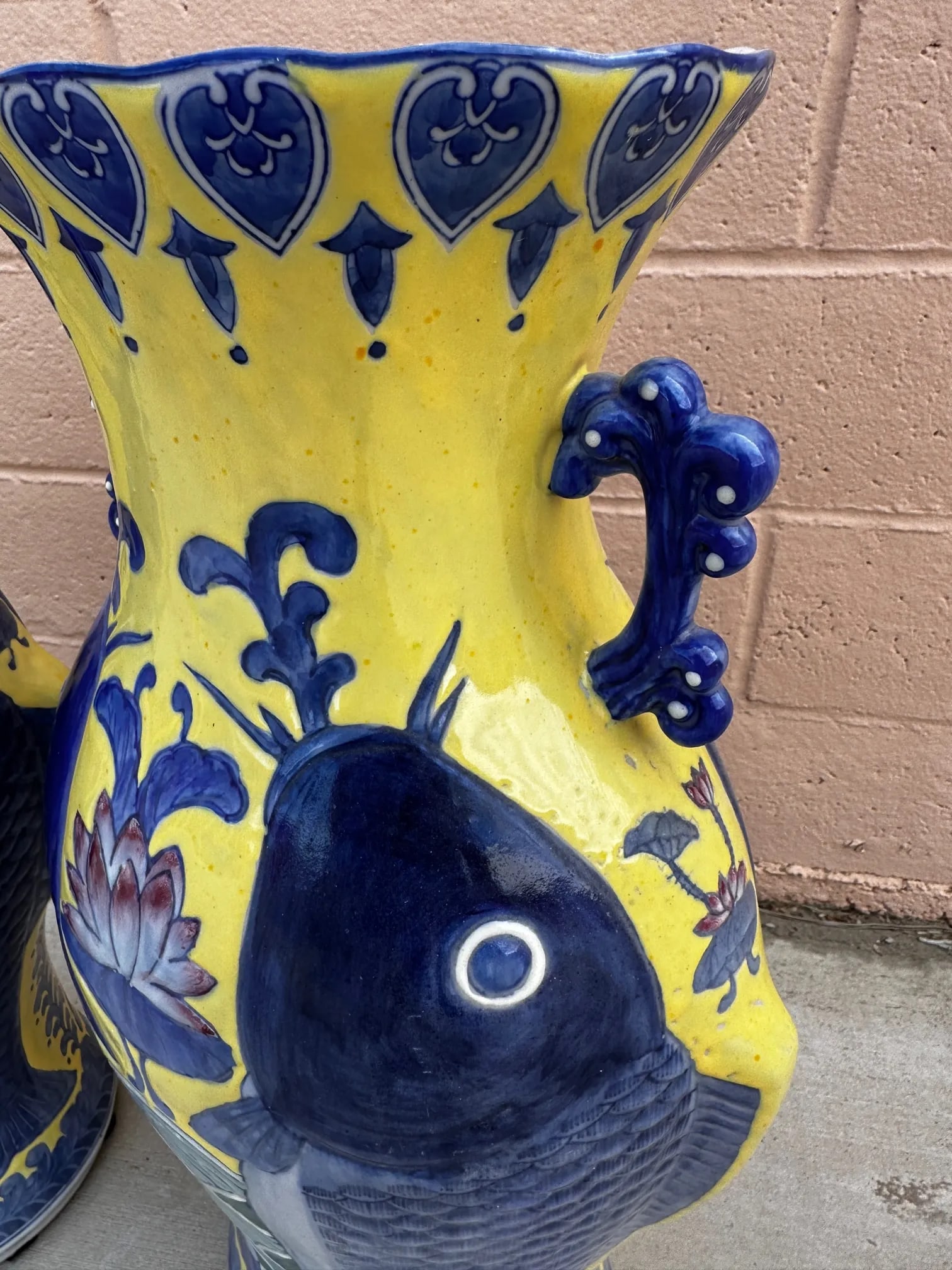 Blue & Yellow Koi Fish Jiaqing Vase-A Pair - 8