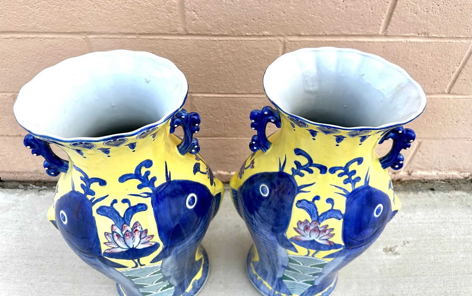 Blue & Yellow Koi Fish Jiaqing Vase-A Pair - 9