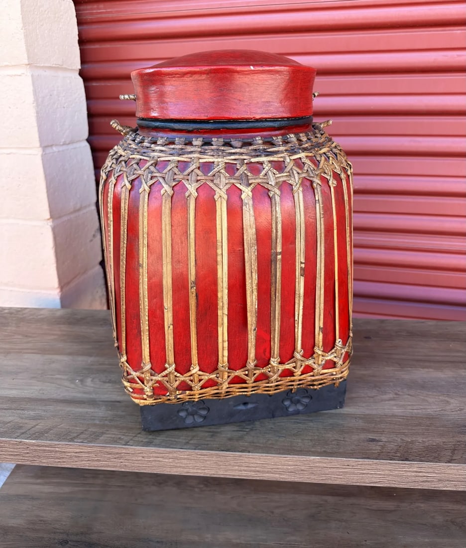 Antique Asian/Thai Red Rice Basket W/Lid - 8