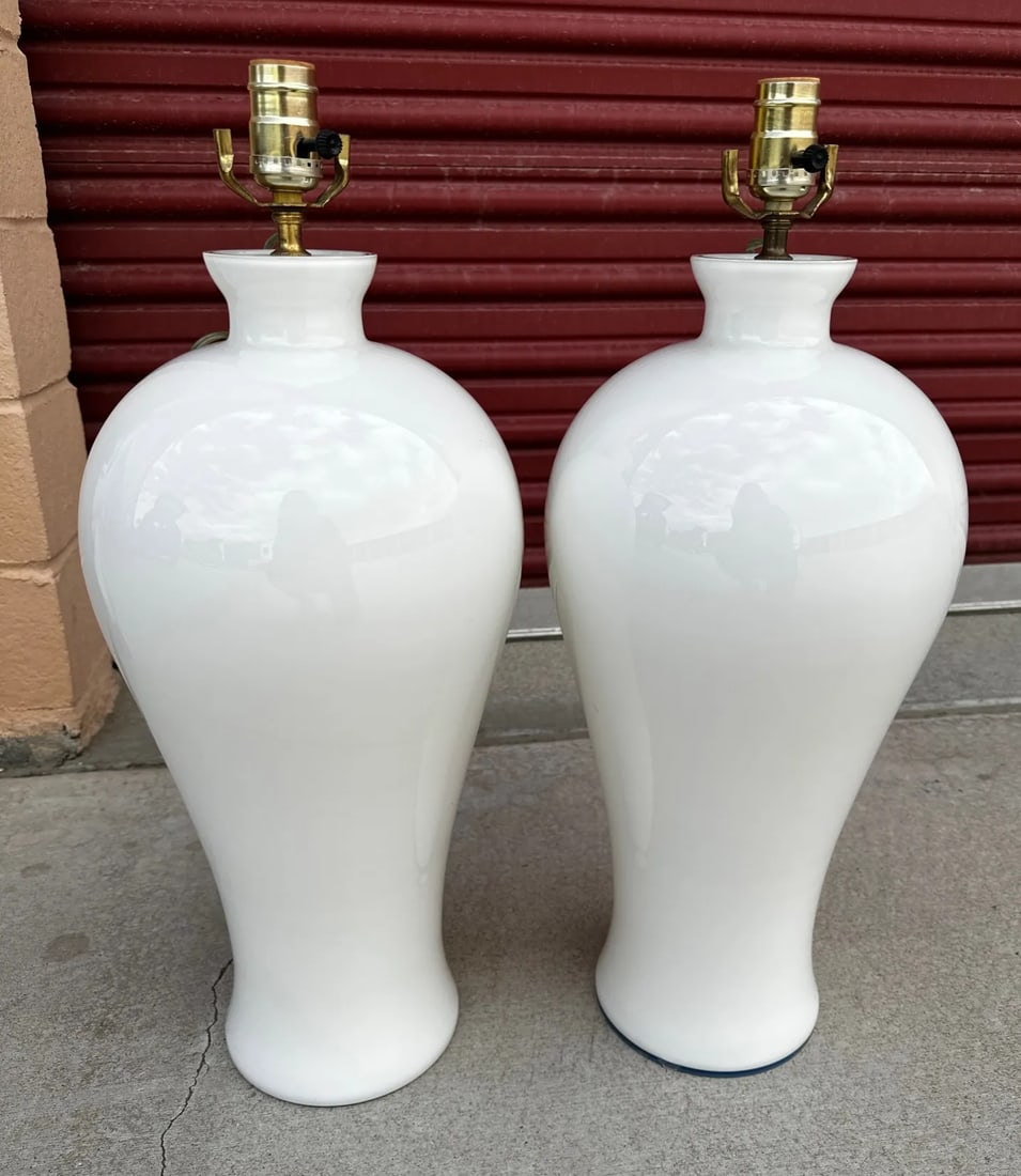 Pair of Urn Style White Glass Table Lamps - 3