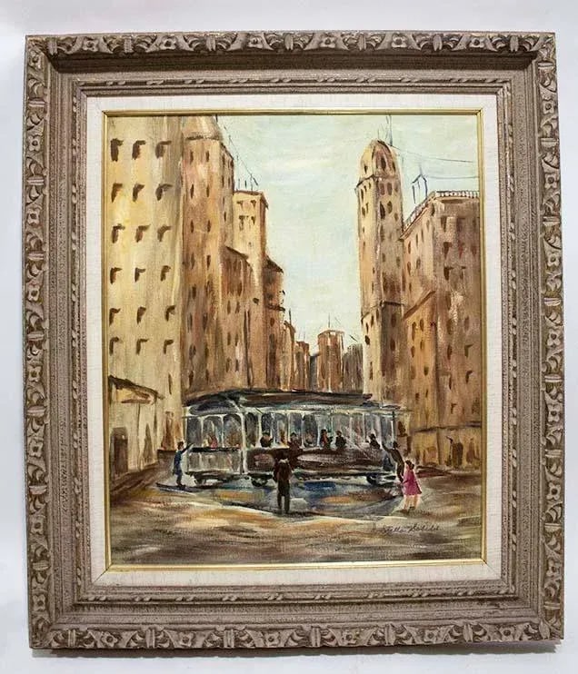 Charming European Painting - Street Scene Featuring a Trolley - 6