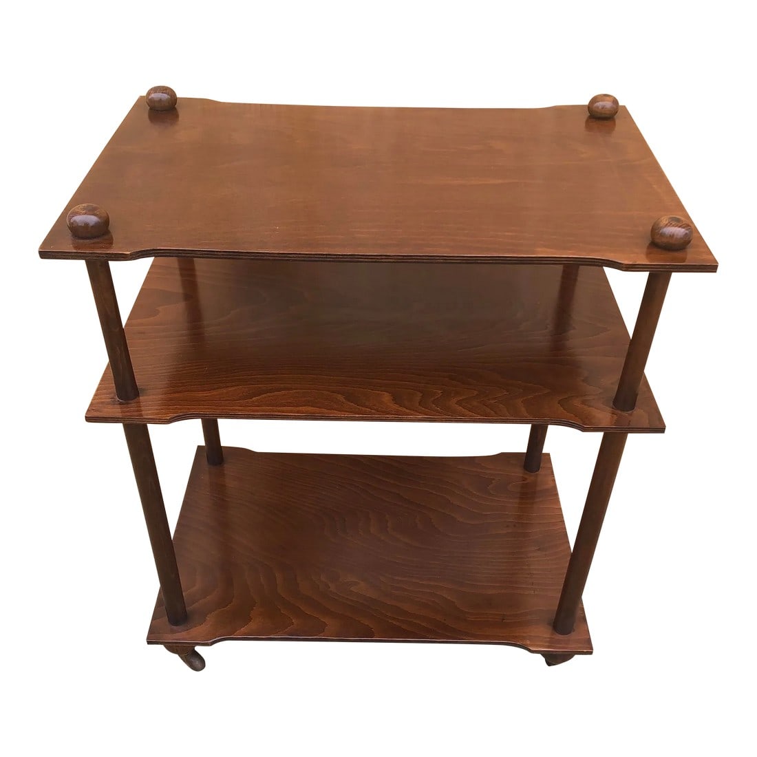 1970s Hollywood Regency 3 - Tier Side Table: Hollywood Regency 3 Tier Side Table on wheels Great Original Finish & Condition. 24.50" Wide x 15.50" Deep x 29.50" High. 16" High bottom shelf 7" High middle shelf Condition: Alterations: