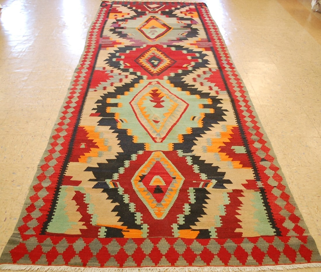CAUCASIAN KILIM 4.8x13.8: Title: CAUCASIAN KILIM 4.8x13.8 Description:ANTIQUE FINE WOVEN VEGETABLE DYE CAUCASIAN KILIM FLAT WEAVE RUG ...........with exact size of 4' 8" x 13' 8" Caucasian design with many beautiful colors inc
