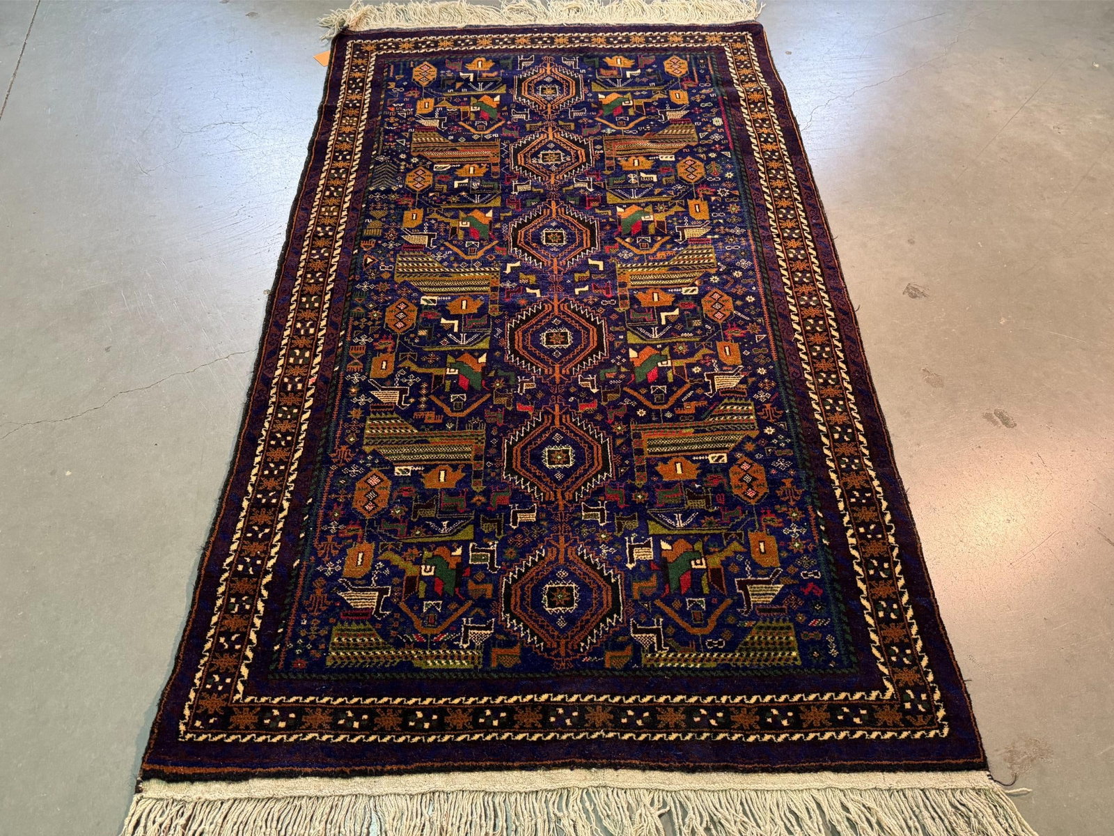 Fine Afghan Baluchi Rug 3.9x6.4: Title:Fine Afghan Baluchi Rug 3.9x6.4Description:Fine Hand Knotted Baluchi rug in traditional pattern Cobalt Blue and multi accent colors 100% veggie Dye fine wool pie Hand Knotted in Afghanestan