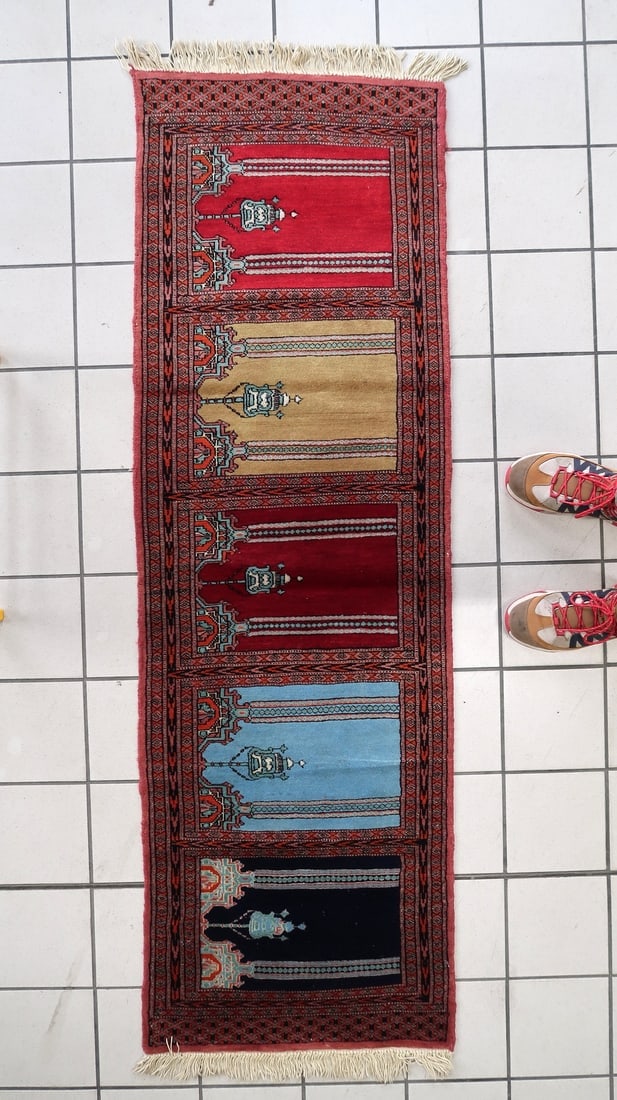 Vintage Uzbek Bukhara Multi-Niche Prayer Runner 1.1' x 6.1' - 1960s - 2