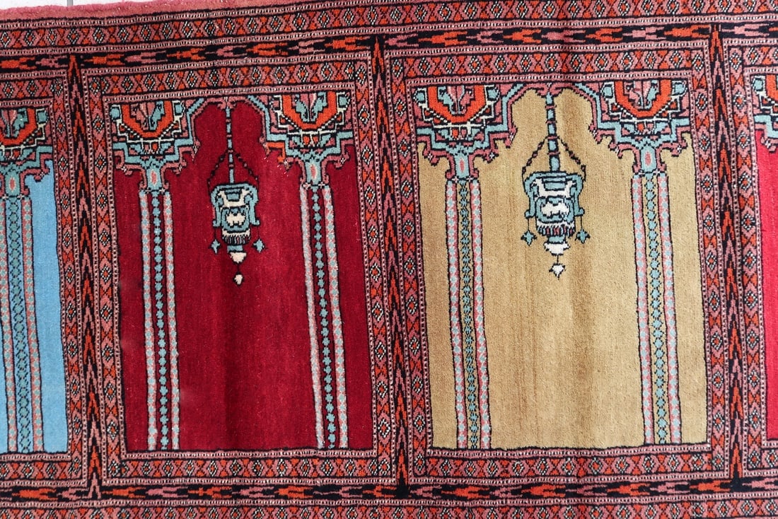 Vintage Uzbek Bukhara Multi-Niche Prayer Runner 1.1' x 6.1' - 1960s - 5