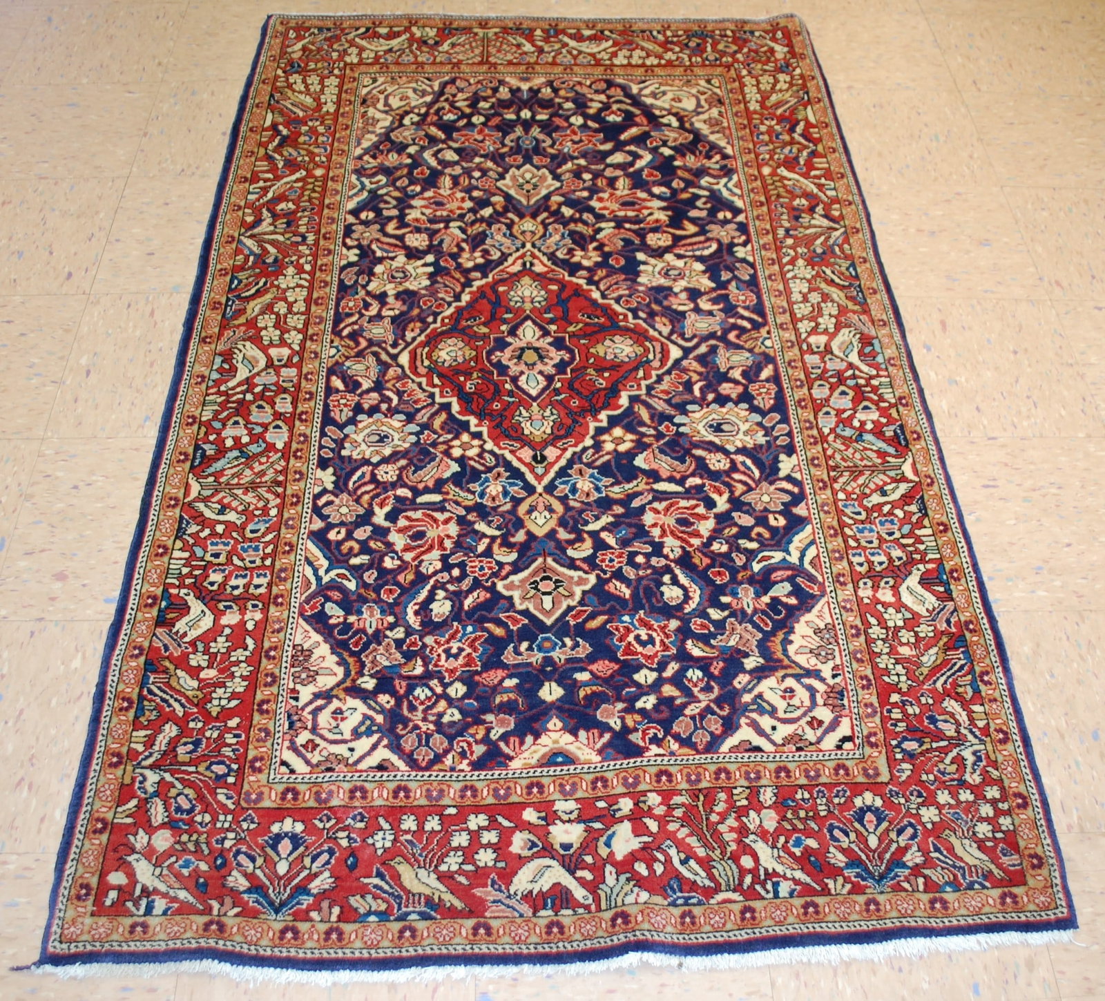 Persian SAROUK RUG 3'7" X 6'2": Title: Persian SAROUK RUG 3'7" X 6'2" Description:OLD,ANTIQUE VERY FINE KURK WOOL AUTHENTIC Persian SAROUK ORIENTAL RUG. Detailed, BIRDS,, floral design with many wonderful colors with Fine kurk wool