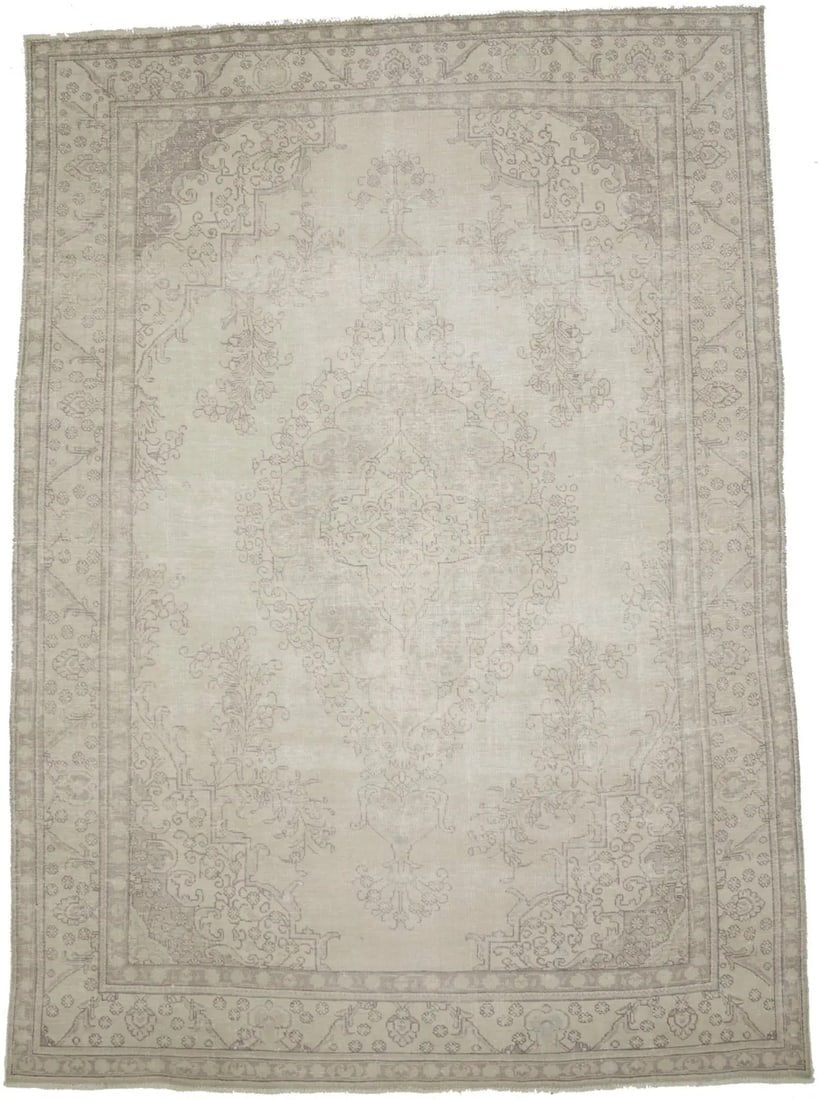 Muted Traditional Floral 8X11 Distressed Tabriz Persian Rug: Title: Muted Traditional Floral 8X11 Distressed Tabriz Persian Rug Description:Handmade antique 8X11 beige Persian rug made with natural dyes (fine wool pile and cotton foundation), superior knot coun