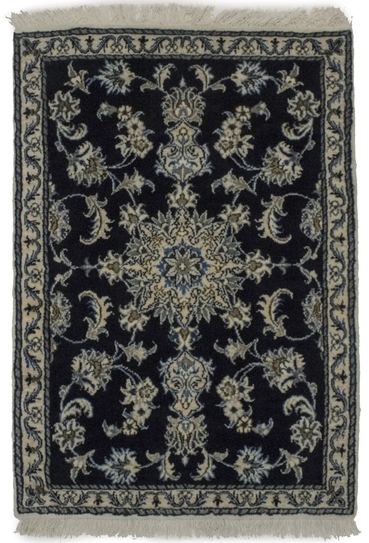 Navy Blue Classic 3X4 Nain Kashmar Persian Rug: Title: Navy Blue Classic 3X4 Nain Kashmar Persian RugDescription:Handmade Persian rug made with vegetable dyes (fine wool pile and cotton foundation), exceptional knot count, and alluring ancient