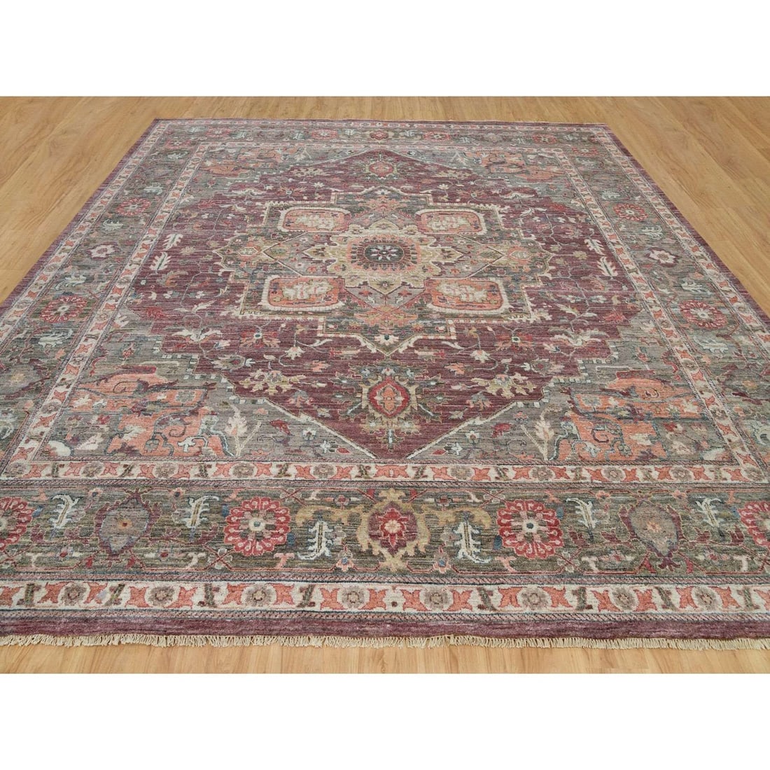 Mahogany Red Heriz Revival Hand Knotted Soft Pile Square Oriental Rug - 2