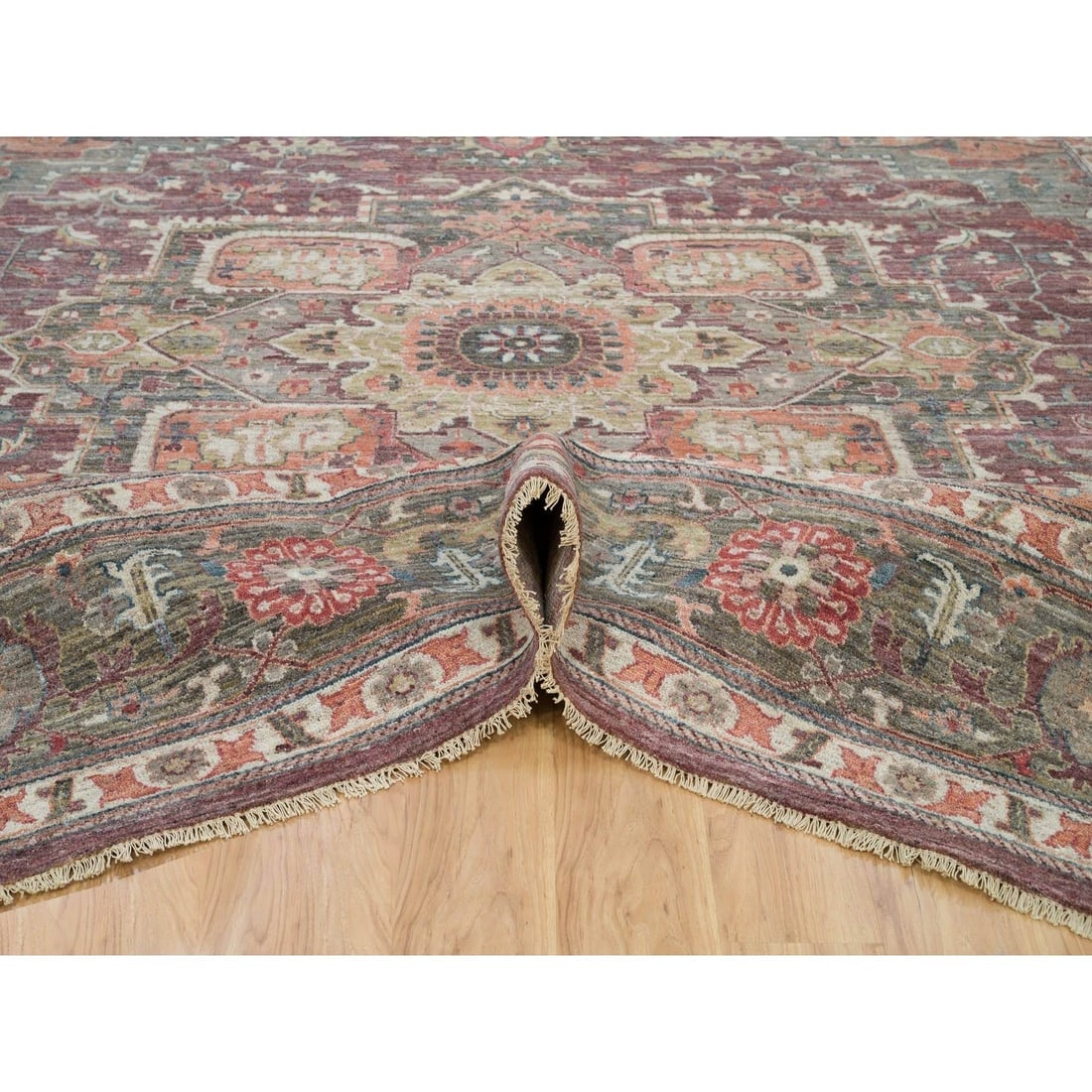 Mahogany Red Heriz Revival Hand Knotted Soft Pile Square Oriental Rug - 5