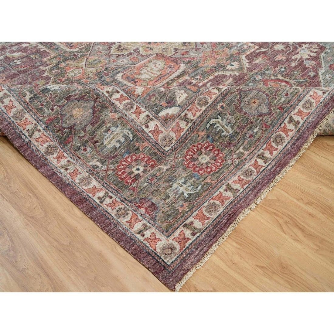 Mahogany Red Heriz Revival Hand Knotted Soft Pile Square Oriental Rug - 6