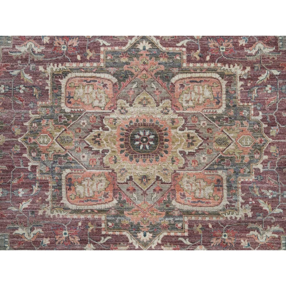 Mahogany Red Heriz Revival Hand Knotted Soft Pile Square Oriental Rug - 8