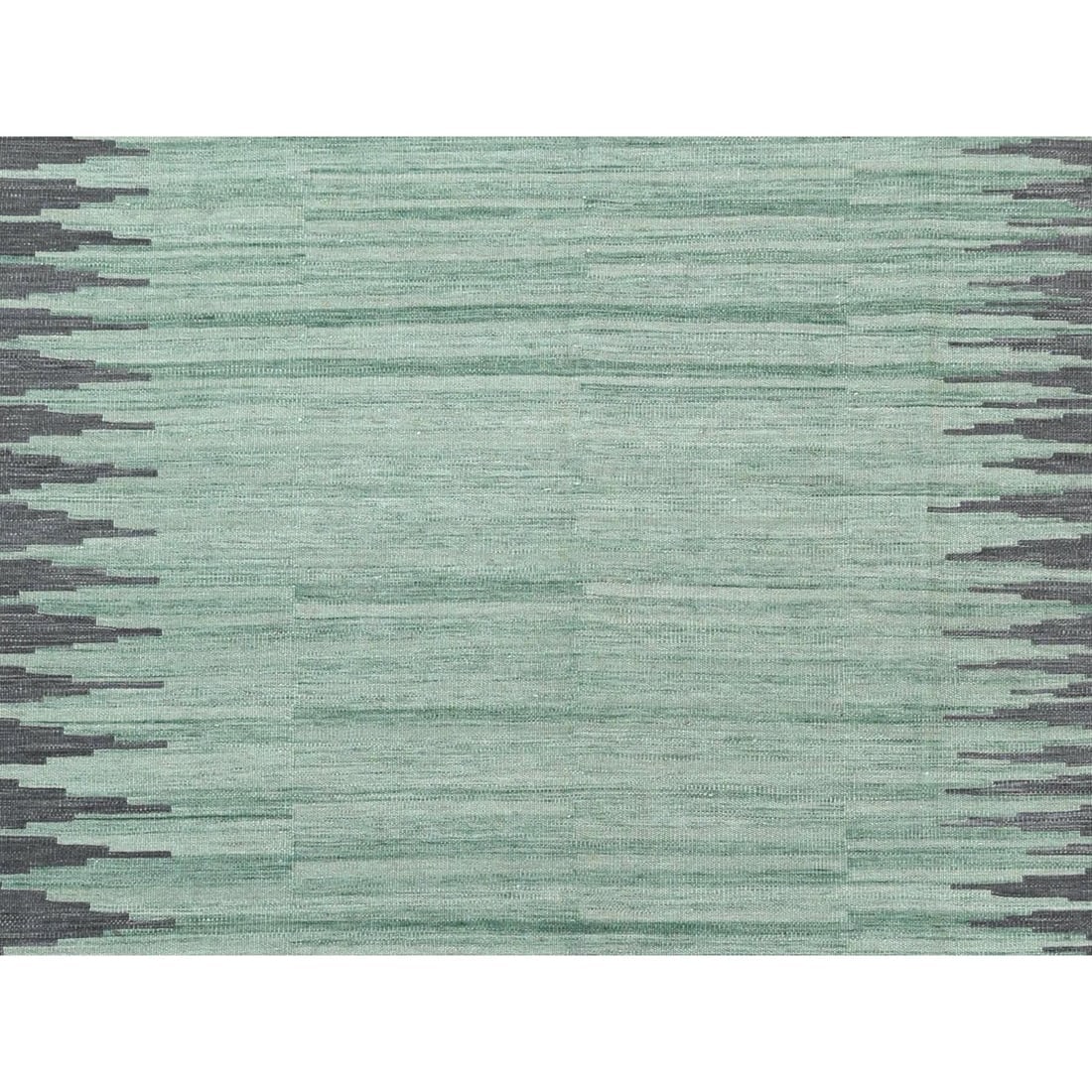 Light Green Ethnic Design Flat Weave Kilim Wool Hand Woven Rug - 2