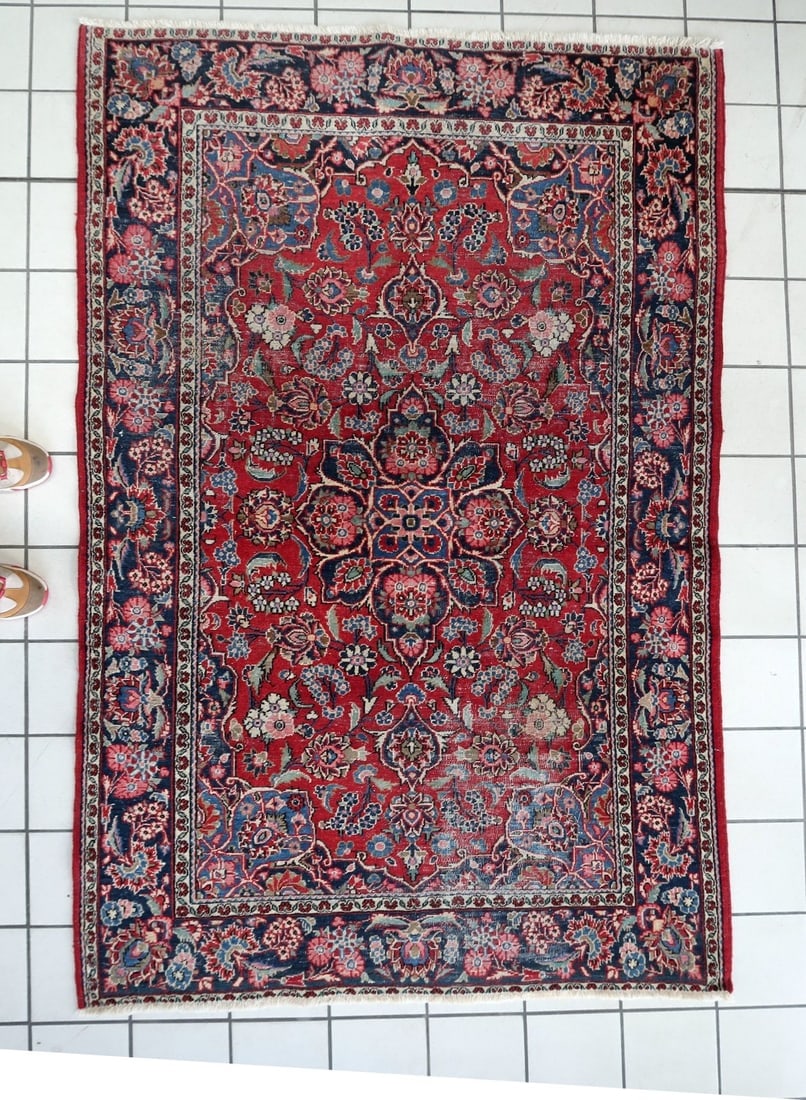 Handmade 1920s Persian Kashan Rug 4.4' x 6.10' - Deep Ruby & Indigo - 2