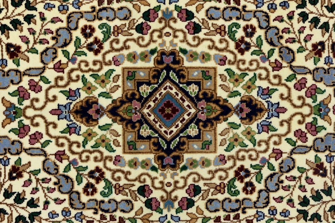 Cream & Navy Floral 3X10 Kirman Oriental Runner Rug - 10