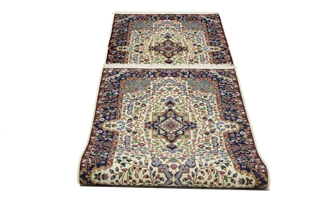 Cream & Navy Floral 3X10 Kirman Oriental Runner Rug - 17