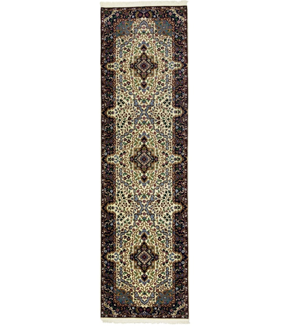 Cream & Navy Floral 3X10 Kirman Oriental Runner Rug (1 of 18)