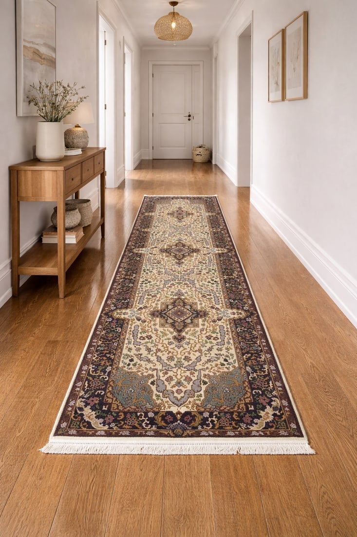 Cream & Navy Floral 3X10 Kirman Oriental Runner Rug - 2