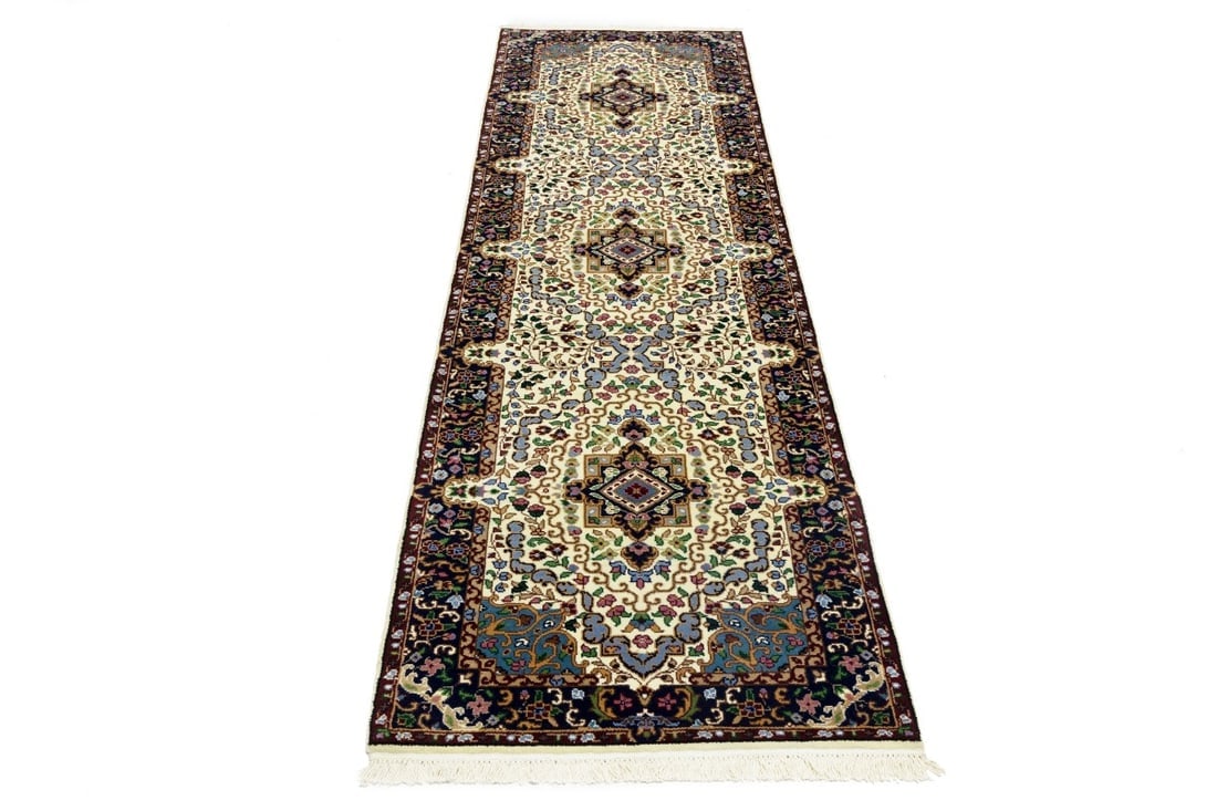 Cream & Navy Floral 3X10 Kirman Oriental Runner Rug - 3