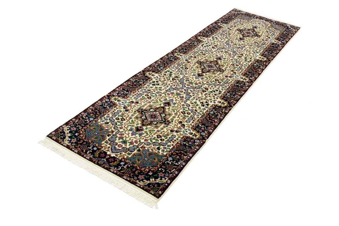 Cream & Navy Floral 3X10 Kirman Oriental Runner Rug - 4