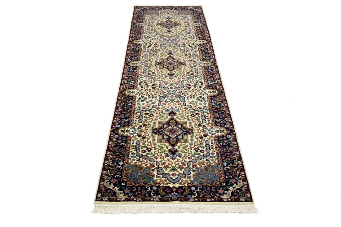 Cream & Navy Floral 3X10 Kirman Oriental Runner Rug - 5