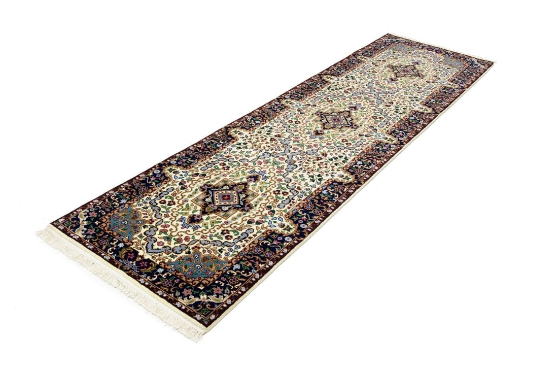 Cream & Navy Floral 3X10 Kirman Oriental Runner Rug - 6