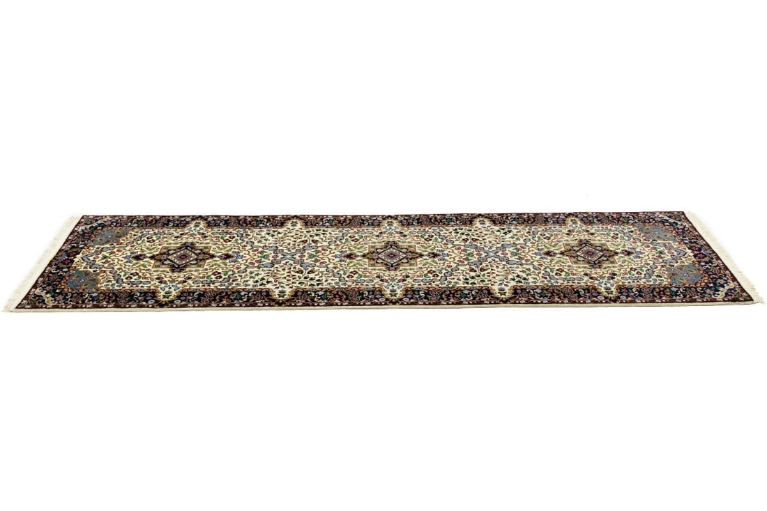 Cream & Navy Floral 3X10 Kirman Oriental Runner Rug - 7