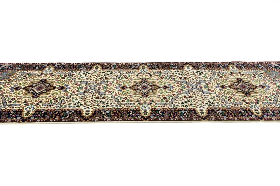 Cream & Navy Floral 3X10 Kirman Oriental Runner Rug - 8